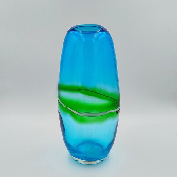 1970s Luxury Handcrafted Green and Blue Vase in Murano Glass. Made in Italy - Picture 3 of 10
